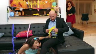 Busty Latina sucks bruiser's XXX rod and almost gets caught by his wife