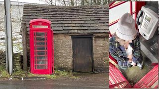 Cumming hard in public red telephone box with Lush remote controlled vibrator in English countryside