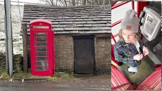 Cumming hard in public red telephone box with Lush remote controlled vibrator in English countryside