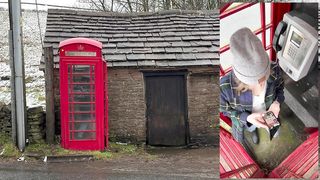 Cumming hard in public red telephone box with Lush remote controlled vibrator in English countryside