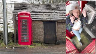 Cumming hard in public red telephone box with Lush remote controlled vibrator in English countryside