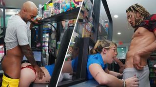 Greedy Bitch at Work - Ashley Fucks Two Guys in the Bodega, Double Penetration! Greedy Bitch at Work - Ashley Fucks Two Guys in the Bodega, Double Penetration!