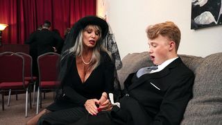 Sexy Sally D'Angelo Sucks Young Hard Cock in Funeral Home Porn Video
